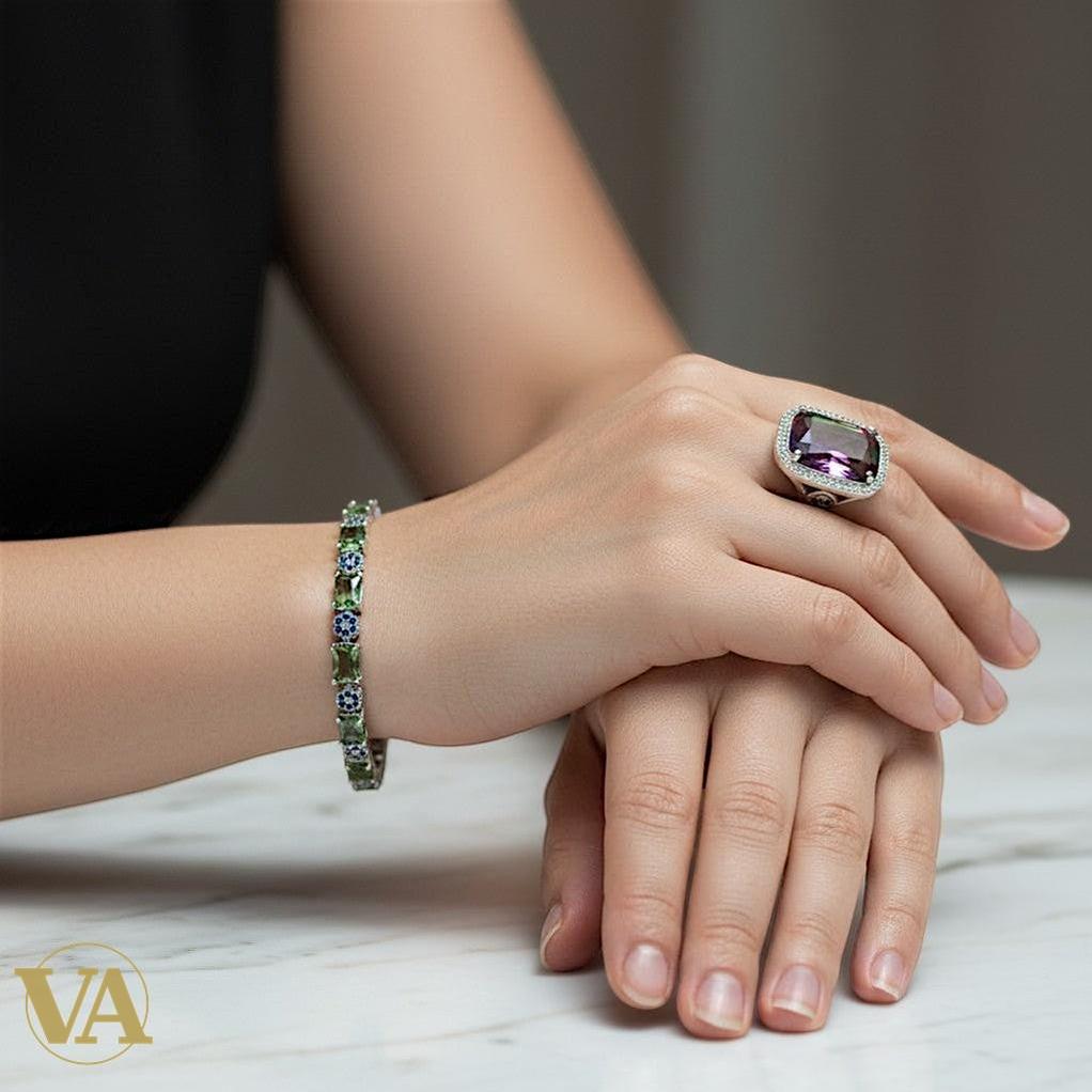 Bracelet Femme Argent 925 Sultanite Reflets Changeants Vintage