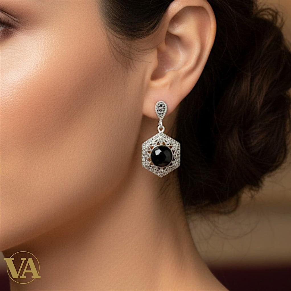 Boucles d'Oreilles Argent 925 Onyx et Marcassite Art Déco