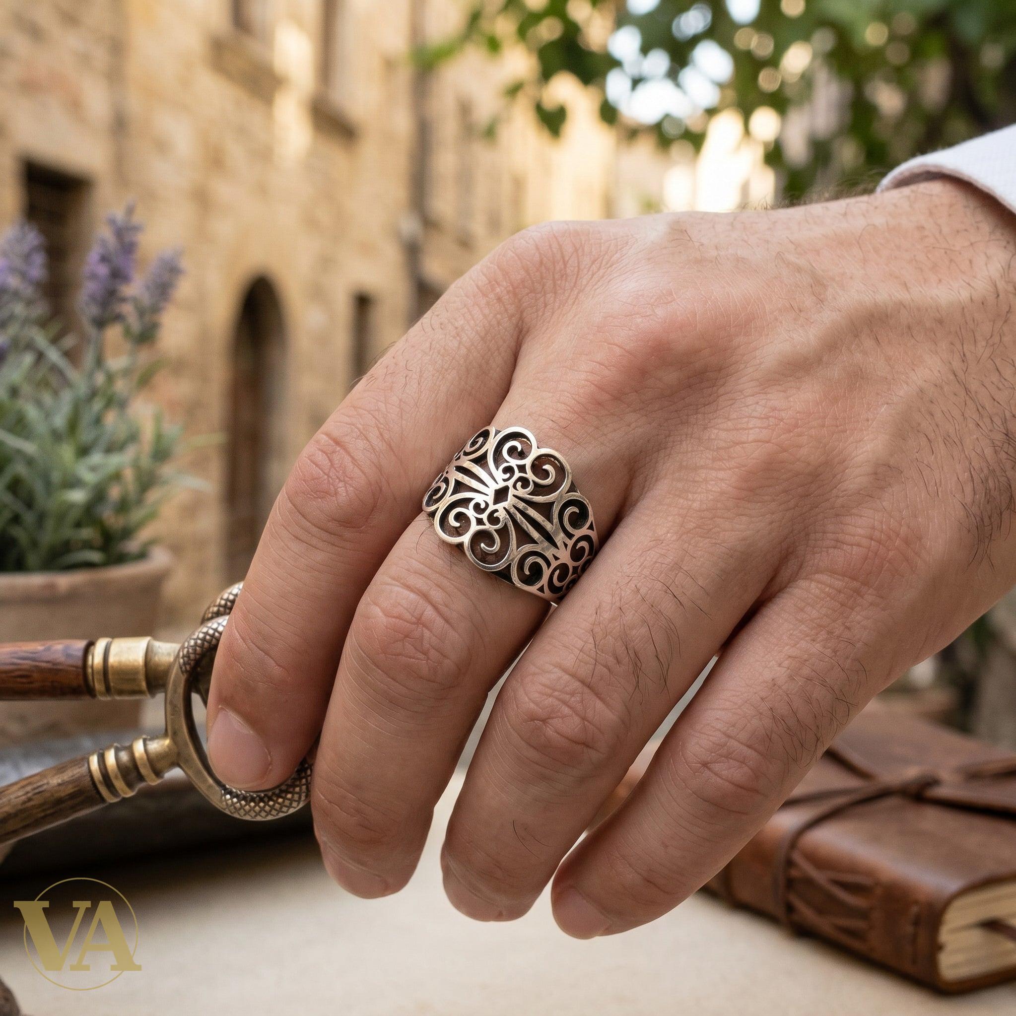Chevalière Homme Argent 925 Arabesques Ajourées Cornaline-Vindicta : Bijoux Argent 925 Massif, Luxe et Héritage