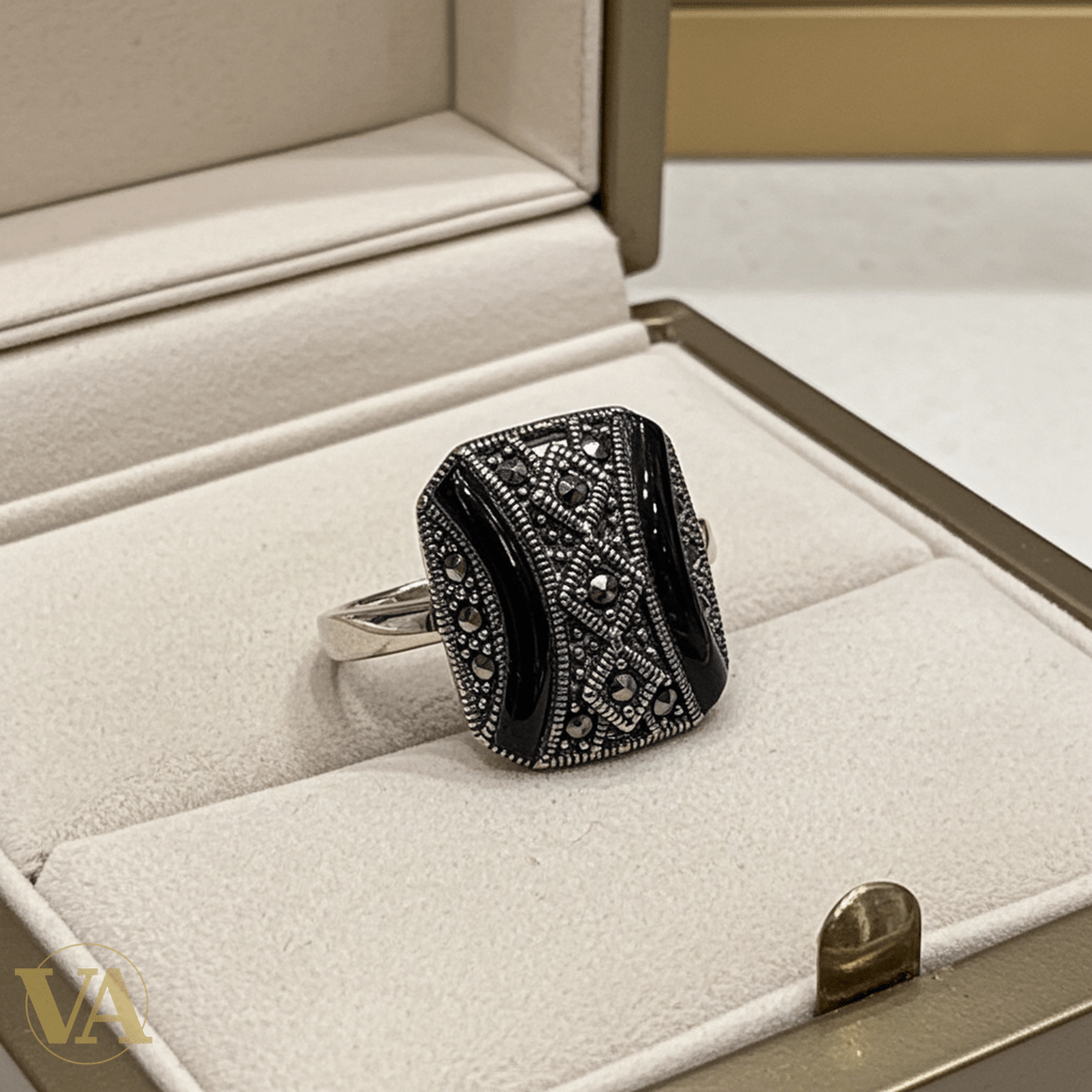 Bague Femme Argent 925 Onyx Noir Rectangulaire & Marcassites - Argent 925 - Vindicta