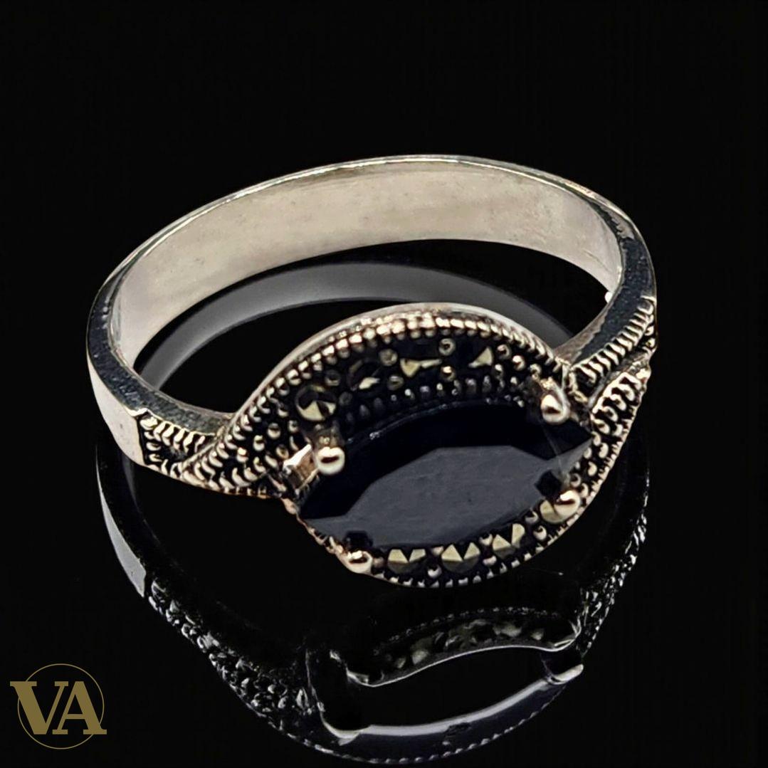 Bague femme en argent 925 sertie d’onyx noir et de marcassites