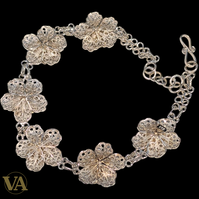 Bracelet Femme Argent 925 Massif – Fleurs 4 Pétales Filigranes