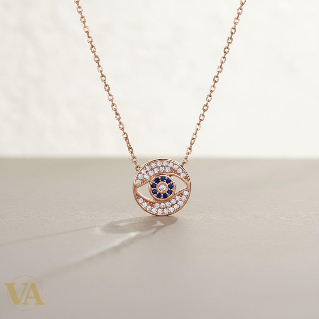 Collier Femme Œil de Protection Argent 925 Plaqué Or Rose — Pavé Zircons Saphir & Blancs