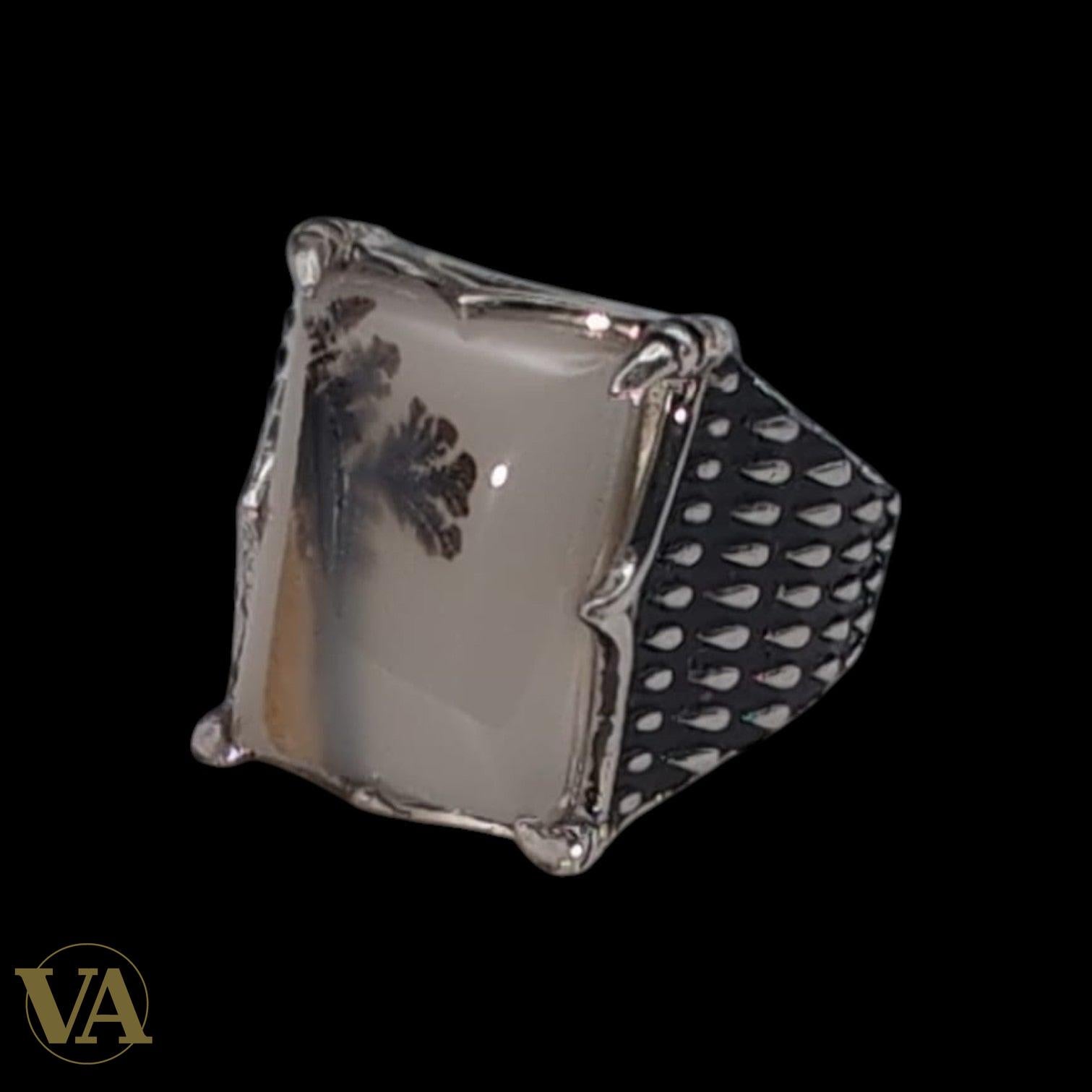 Bague Homme Argent 925 Agate Naturelle Rectangulaire