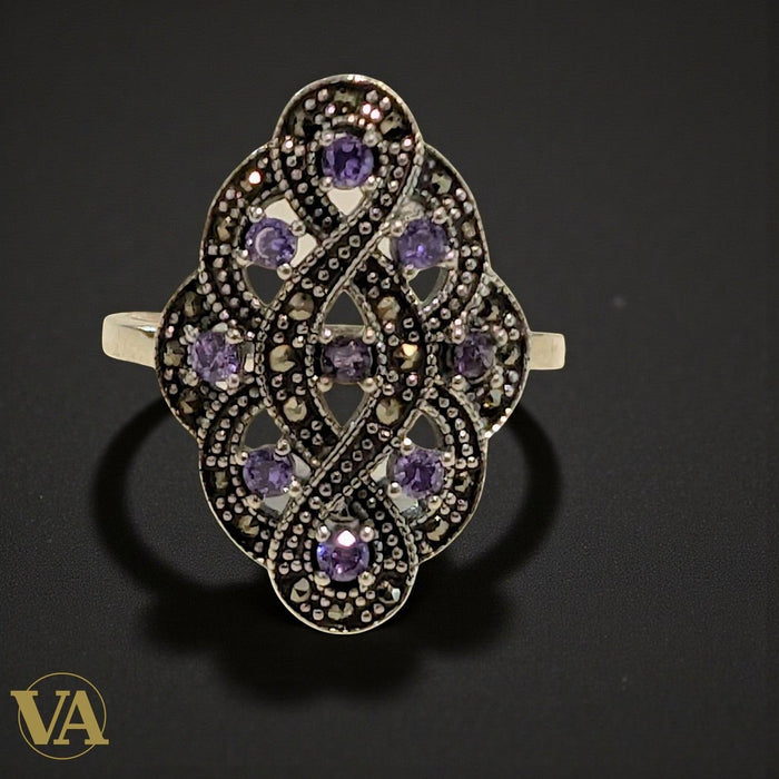 Bague femme arabesque en argent 925, améthyste & marcassite