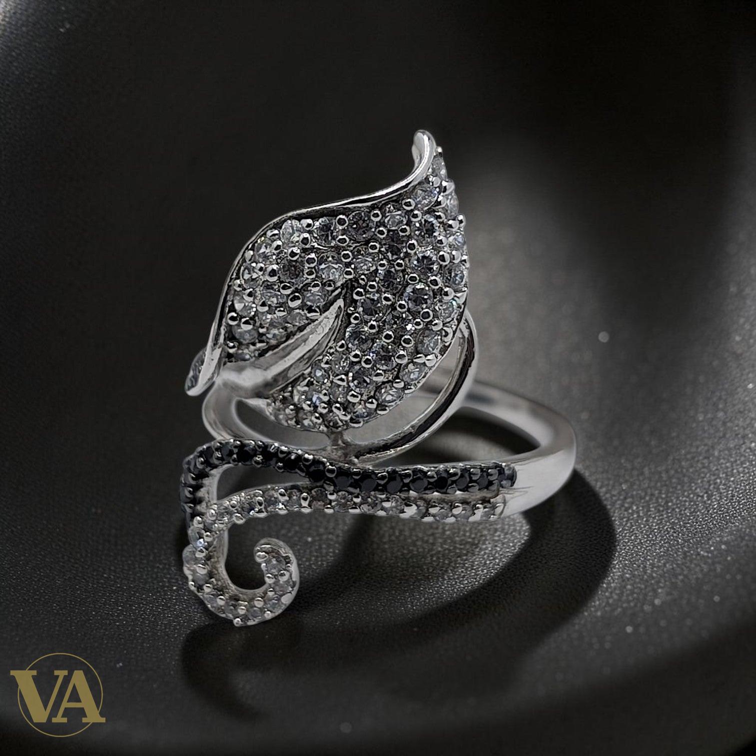 Bague femme argent 925 Feuille pavée Zircons Onyx noir volute