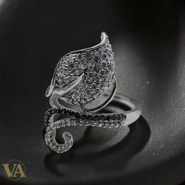 Bague femme argent 925 Feuille pavée Zircons Onyx noir volute