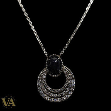 Collier Femme Onyx Argent 925 — Pendentif Cercles Pavé Zircons Art Déco