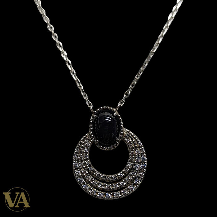 Collier Femme Onyx Argent 925 — Pendentif Cercles Pavé Zircons Art Déco