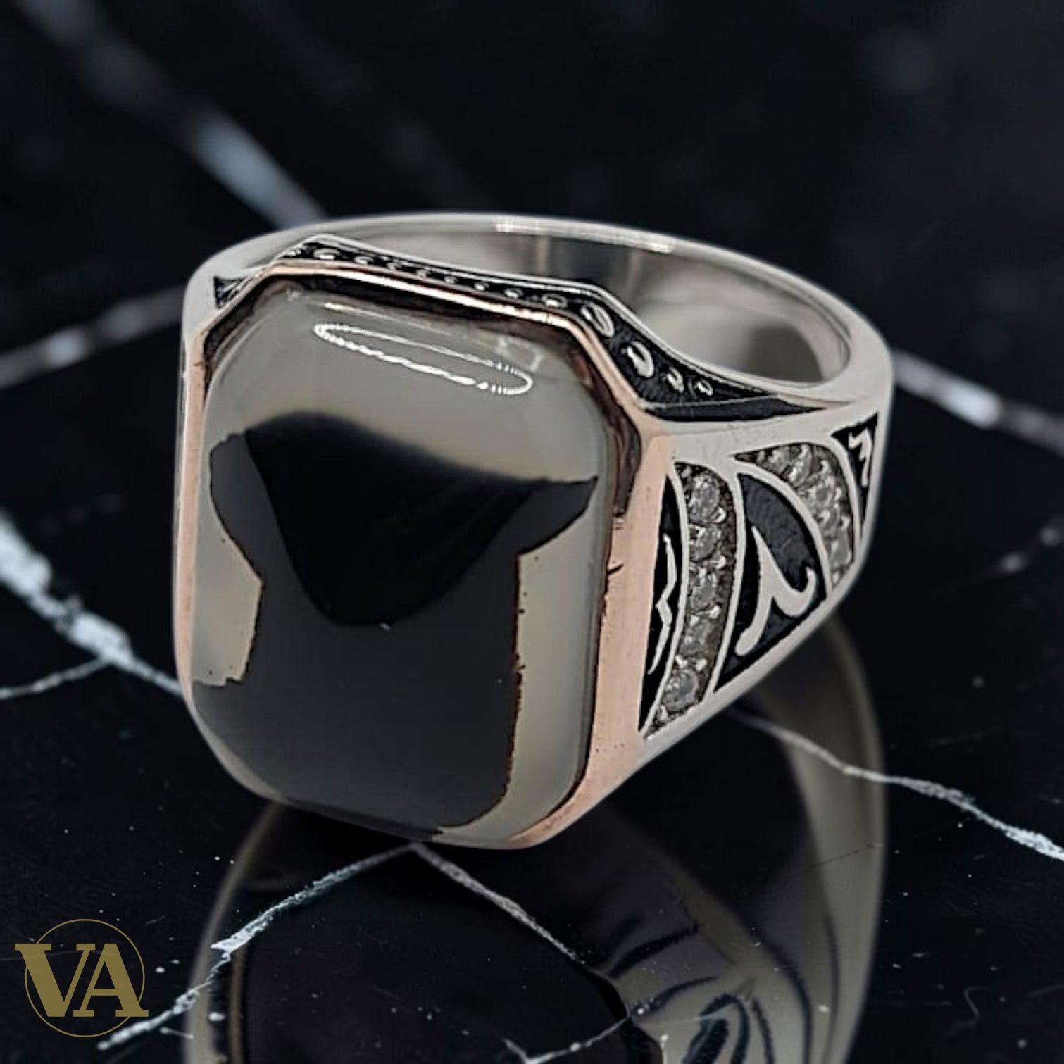 Chevalière Homme Argent 925 & Agate Dendrite – Calligraphie Orientale & Zircons | Bijoux Vindicta