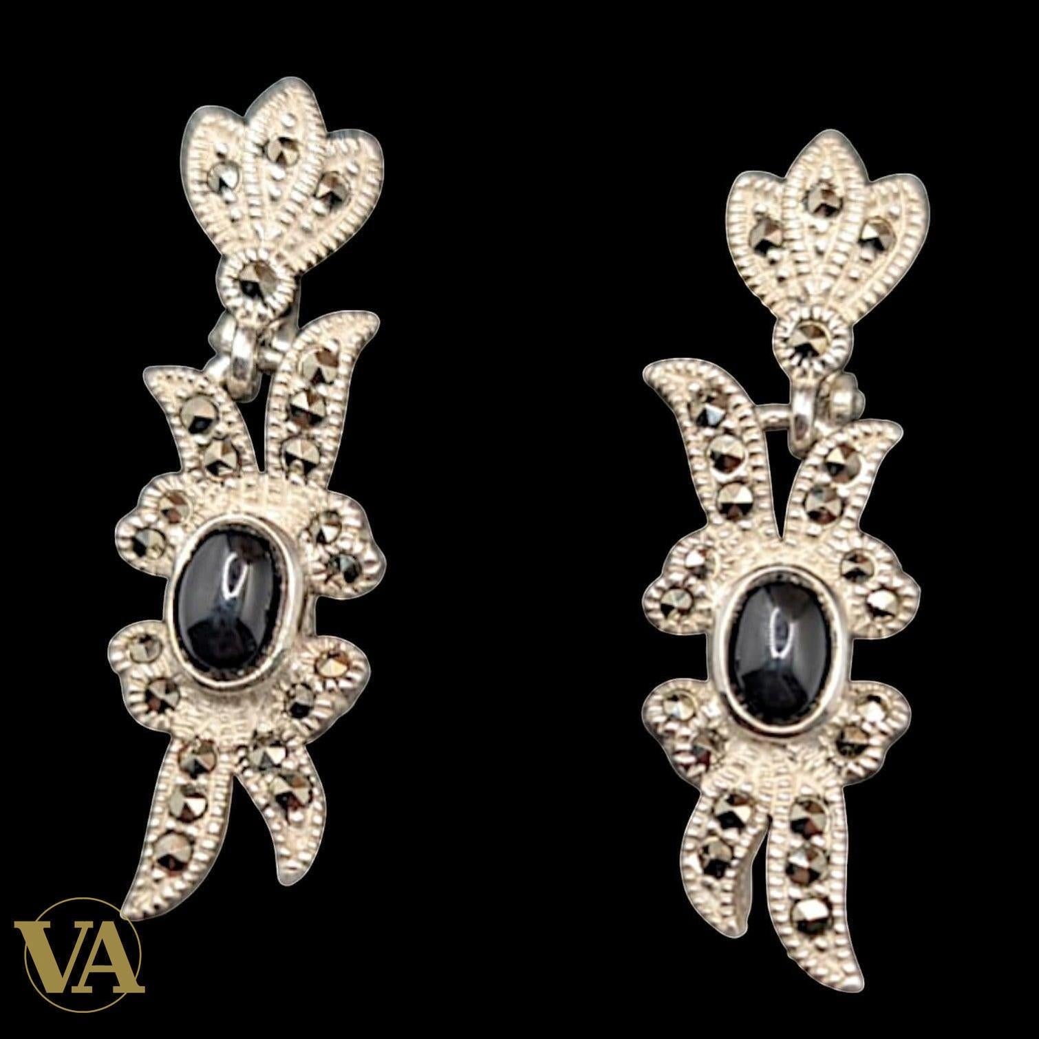 Boucles d'Oreilles Onyx et Marcassite Argent 925 — Style Art Déco Vindicta