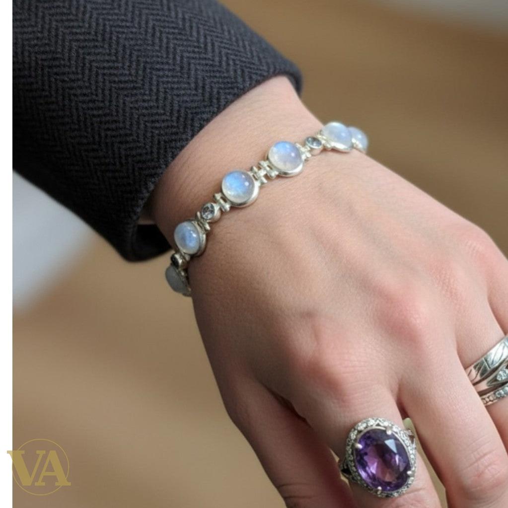 Bracelet Femme Argent 925 Pierre de Lune & Cristaux Vintage