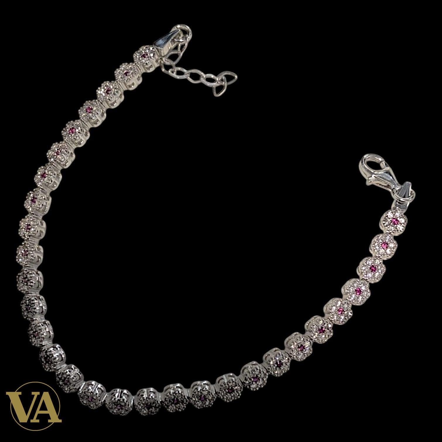 Bracelet Femme Argent 925 Oxydes Roses Vintage