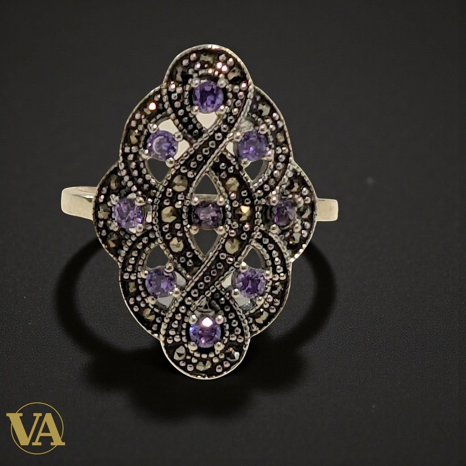 Bague femme arabesque en argent 925, améthyste & marcassite | Bijoux Vindicta