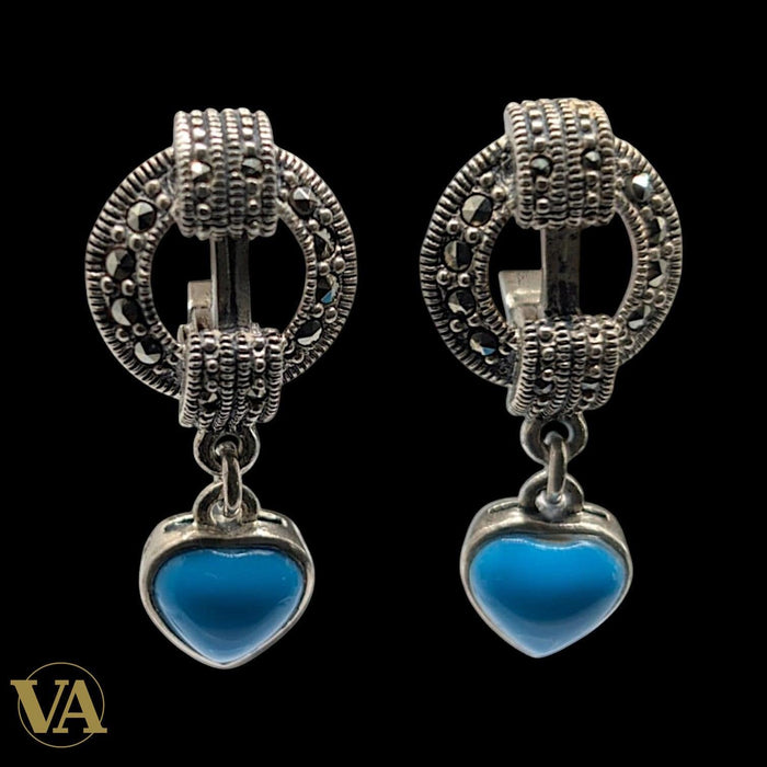 Boucles d'Oreilles Argent 925 Turquoise et Marcassite Art Déco