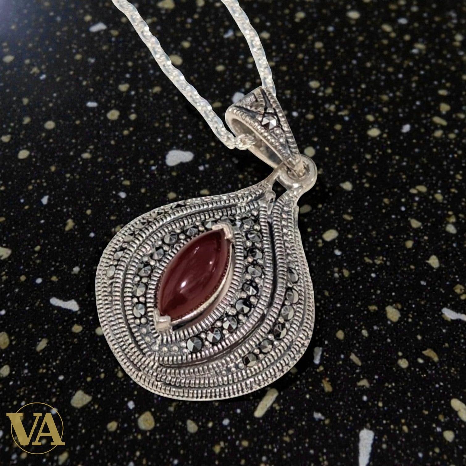 Collier Femme Cornaline Marcassite Argent 925 - Pendentif Art Déco Vintage | Bijoux Vindicta