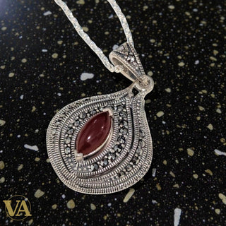Collier Femme Cornaline Marcassite Argent 925 - Pendentif Art Déco Vintage