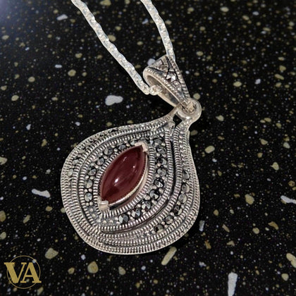 Collier Femme Cornaline Marcassite Argent 925 - Pendentif Art Déco Vintage
