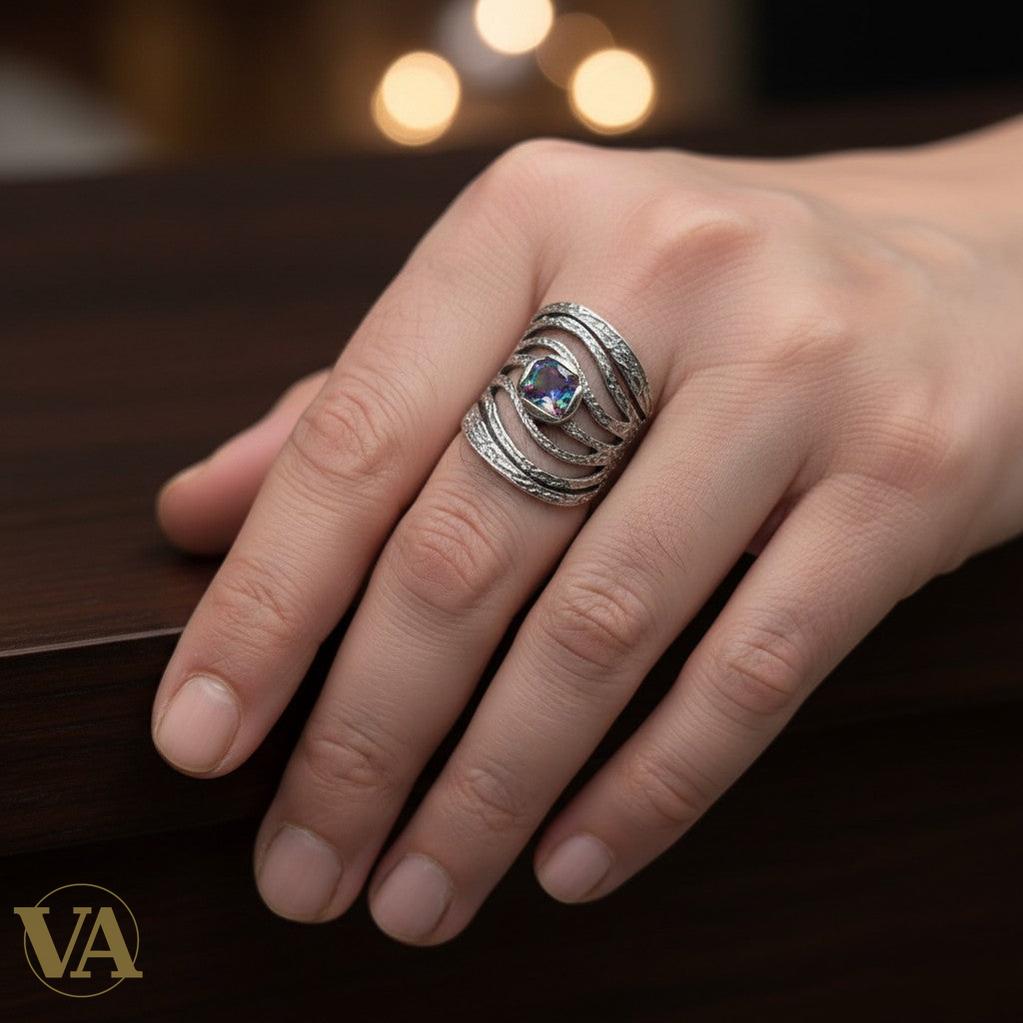 Bague femme Argent 925 Massif Topaze Mystique Design Spirale Texturé - Taille 54