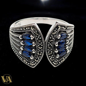 Bague Femme en Argent 925 – Design ouvert, pierres bleues & marcassite