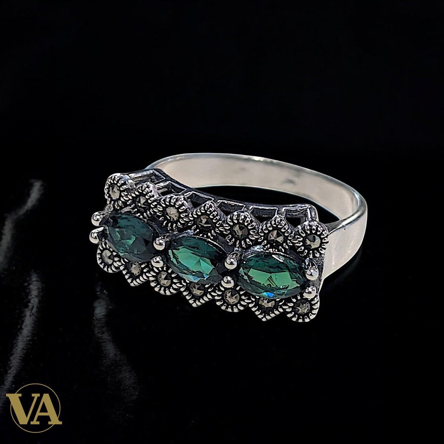 Bague femme Argent 925 Vert Émeraude & Marcassites – Vintage Chic