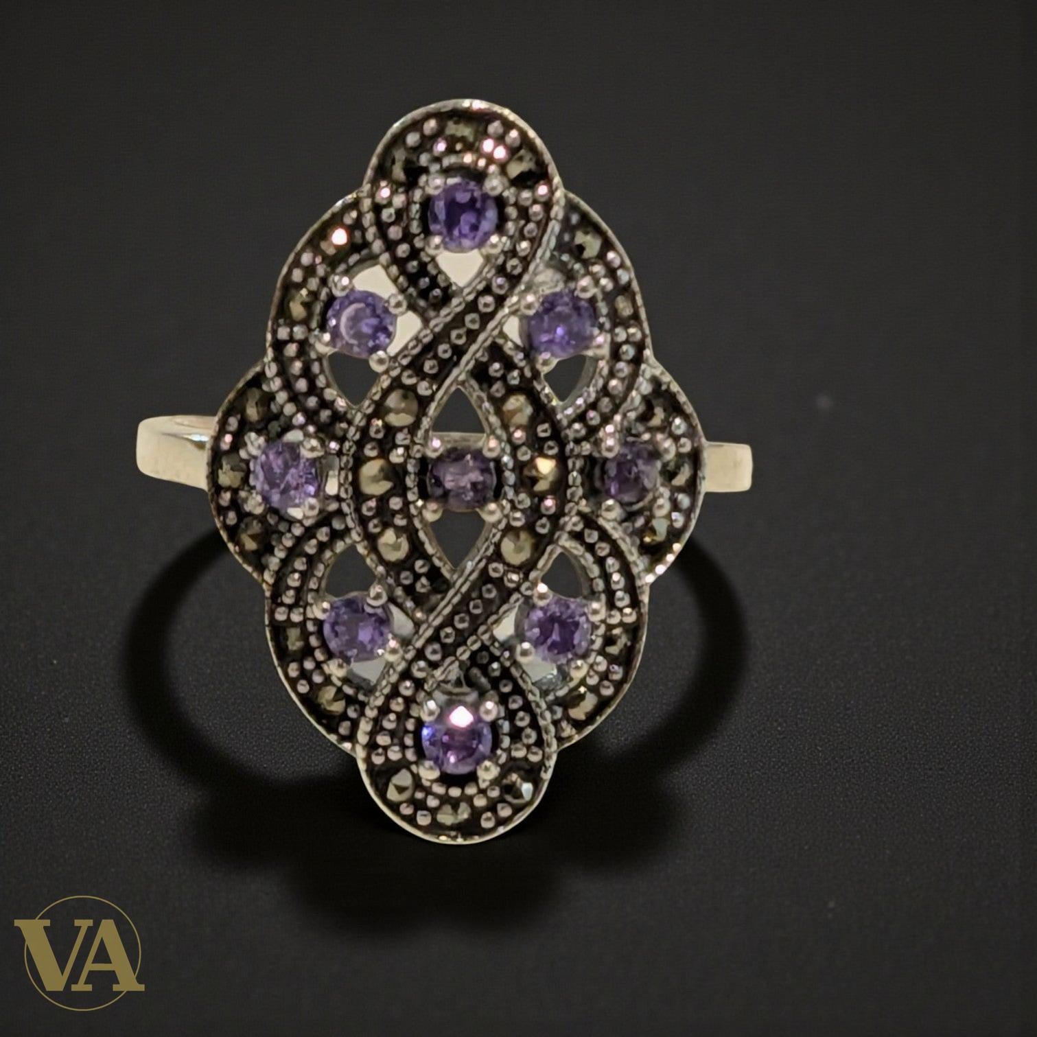 Bague arabesque en argent 925, améthyste & marcassite