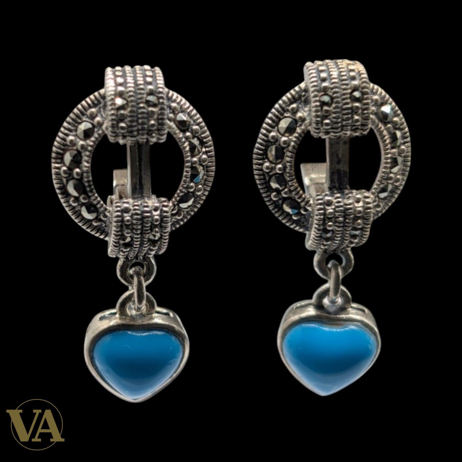 Boucles d'Oreilles Argent 925 Turquoise et Marcassite Art Déco