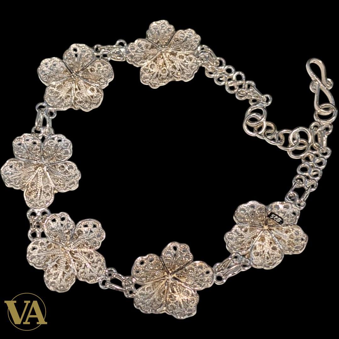 Bracelet Femme Argent 925 Massif – Fleurs 4 Pétales Filigranes | Bijoux Vindicta