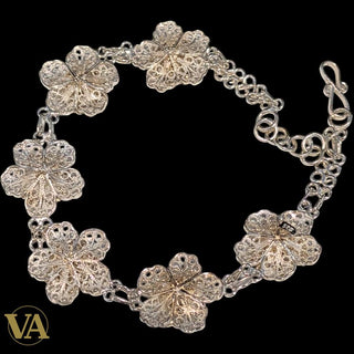 Bracelet Femme Argent 925 Massif – Fleurs 4 Pétales Filigranes