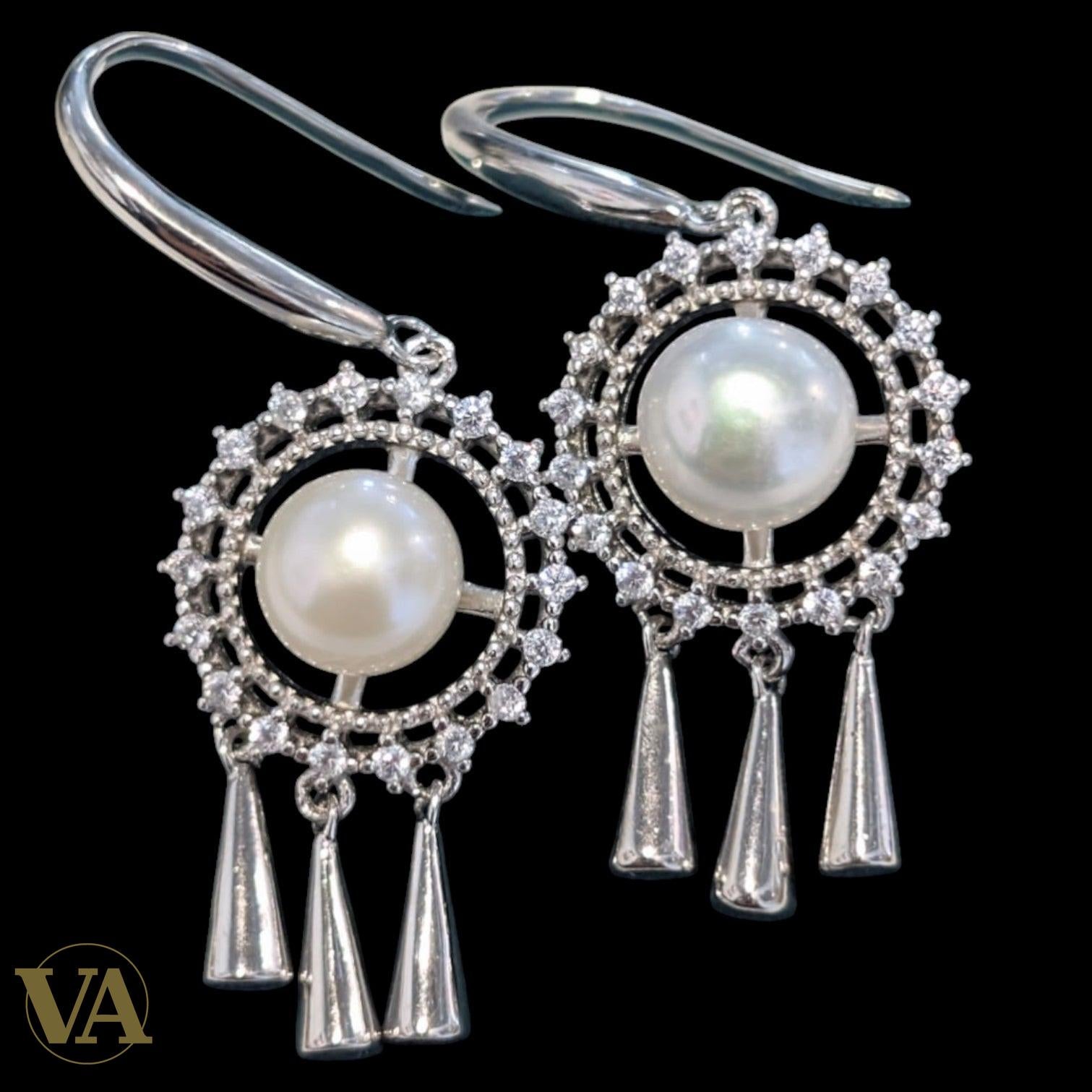 Boucles d’oreilles femme en argent 925, perles & oxydes de zirconium – Motif floral