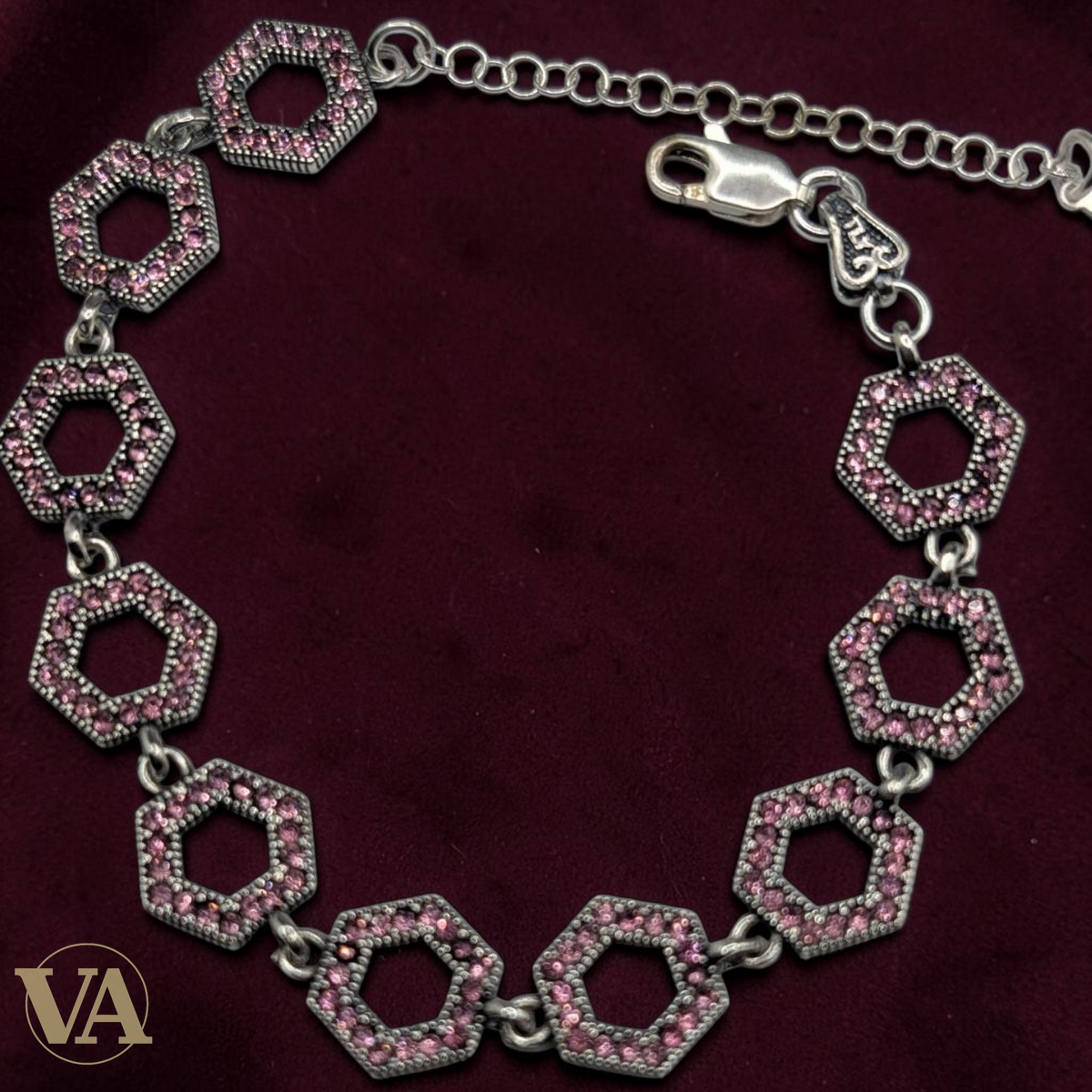 Bracelet Femme Argent 925 Hexagones Oxydes Roses