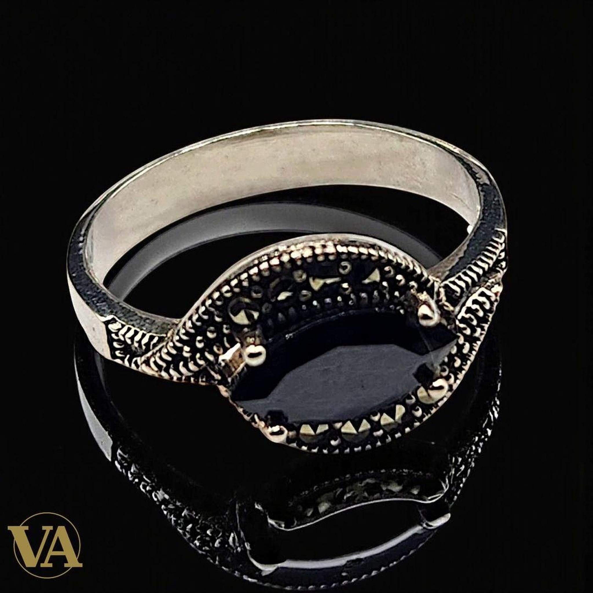 Bague femme en argent 925 sertie d’onyx noir et de marcassites | Bijoux Vindicta
