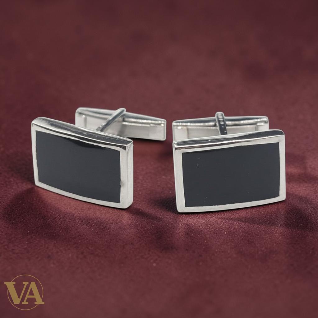 Boutons de manchette homme argent 925 et onyx noir rectangulaires - Argent 925 - Vindicta
