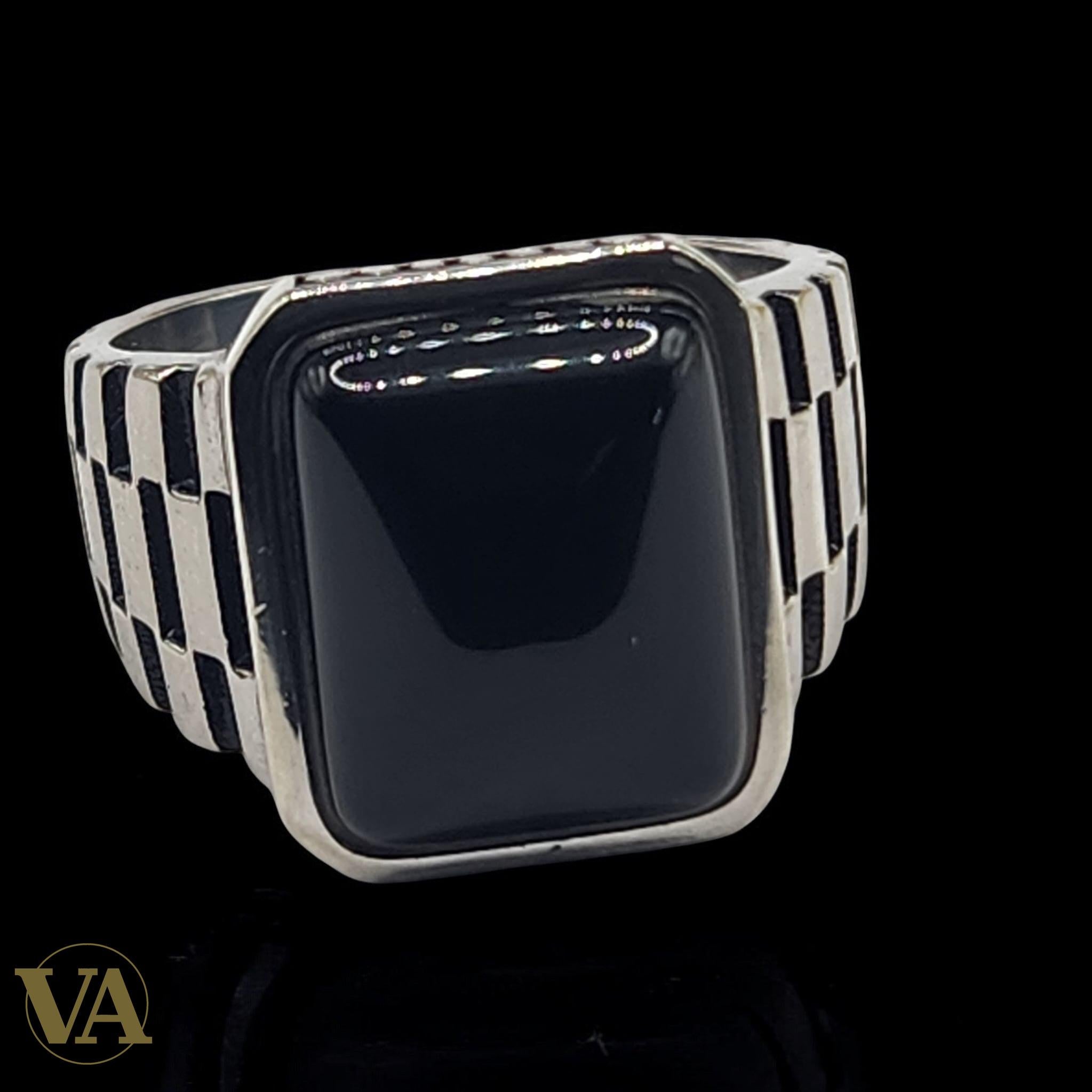Bague Homme Argent 925 – Onyx noir rectangulaire & anneau mailles