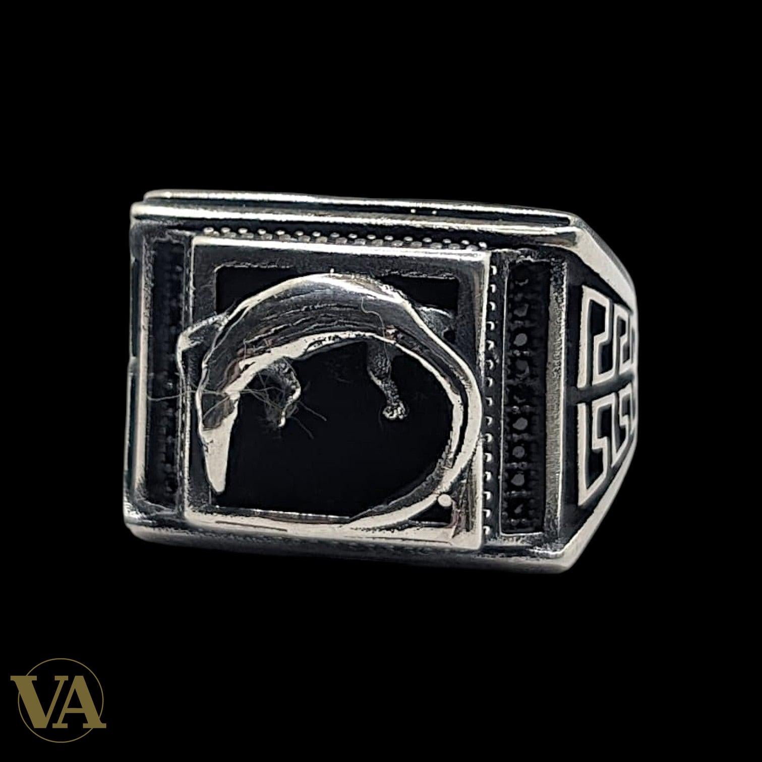 Chevalière Homme Argent 925 Onyx Noir Aigle Motifs Grecs-Vindicta : Bijoux Argent 925 Massif, Luxe et Héritage