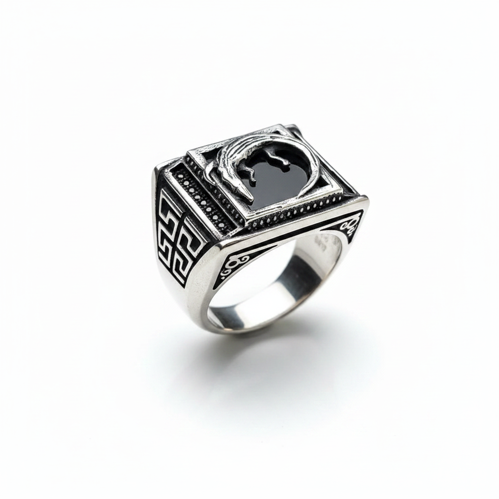 Chevalière Homme Argent 925 Onyx Noir Crocodile Relief Motif Grec