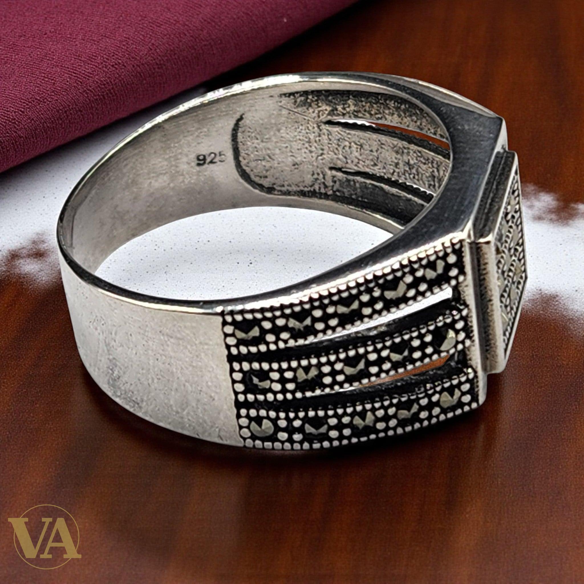 Bague Homme Argent 925 – Motif carré géométrique & marcassites serties - Argent 925 - Vindicta