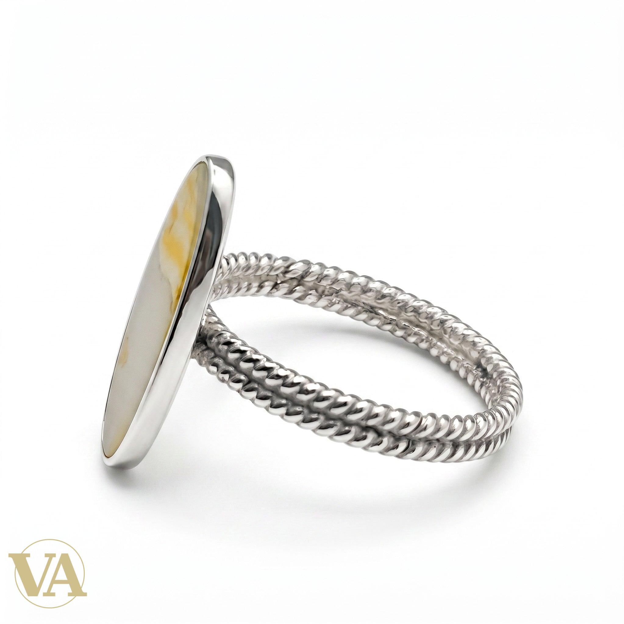 Bague Femme Argent 925 Cabochon Ovale Poli Anneau Torsadé