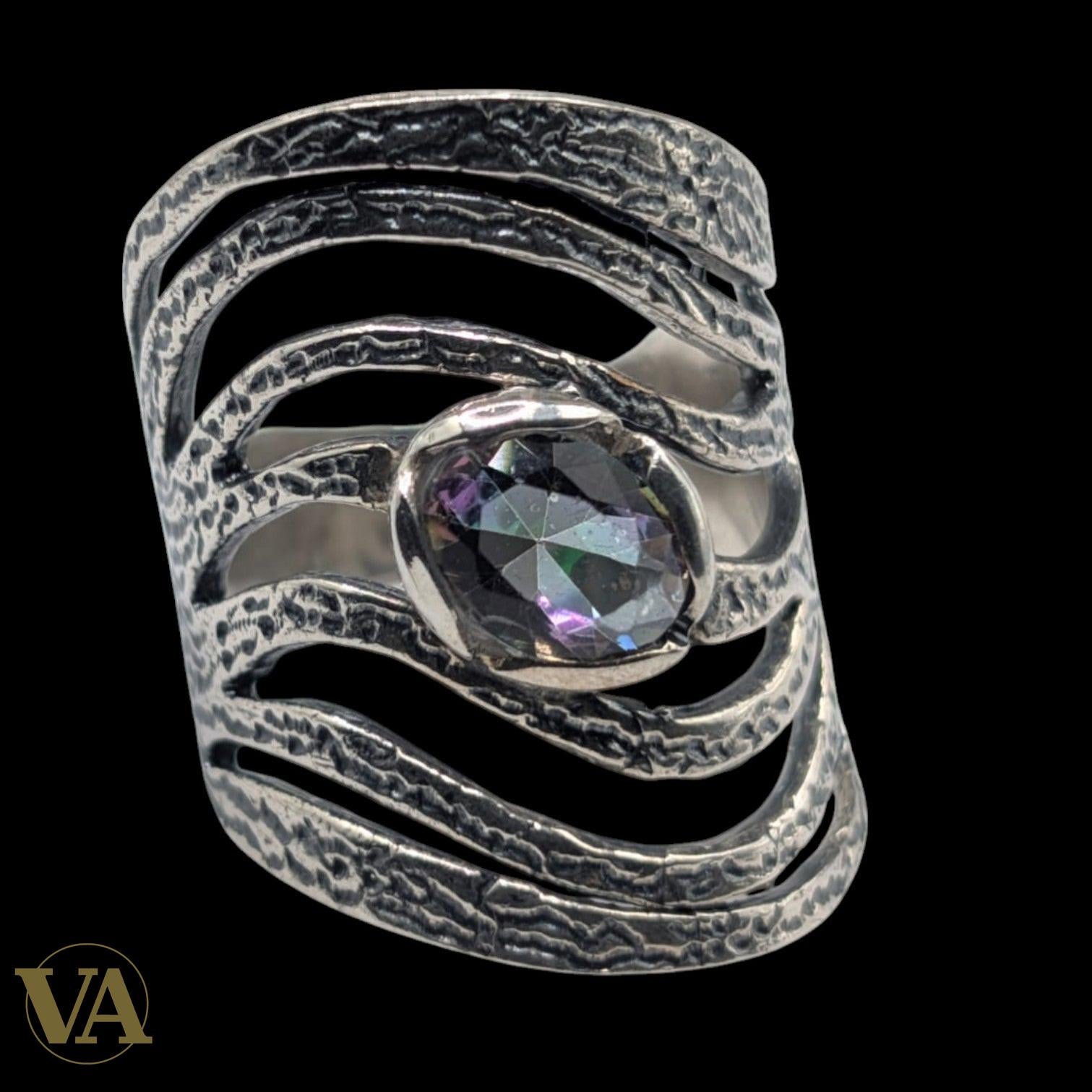 Bague femme Argent 925 Massif Topaze Mystique Design Spirale Texturé - Taille 54