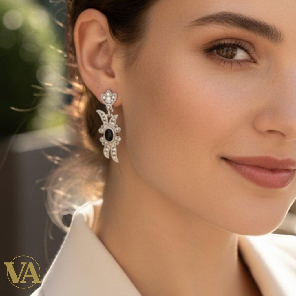 Boucles d'Oreilles Onyx et Marcassite Argent 925 — Style Art Déco Vindicta