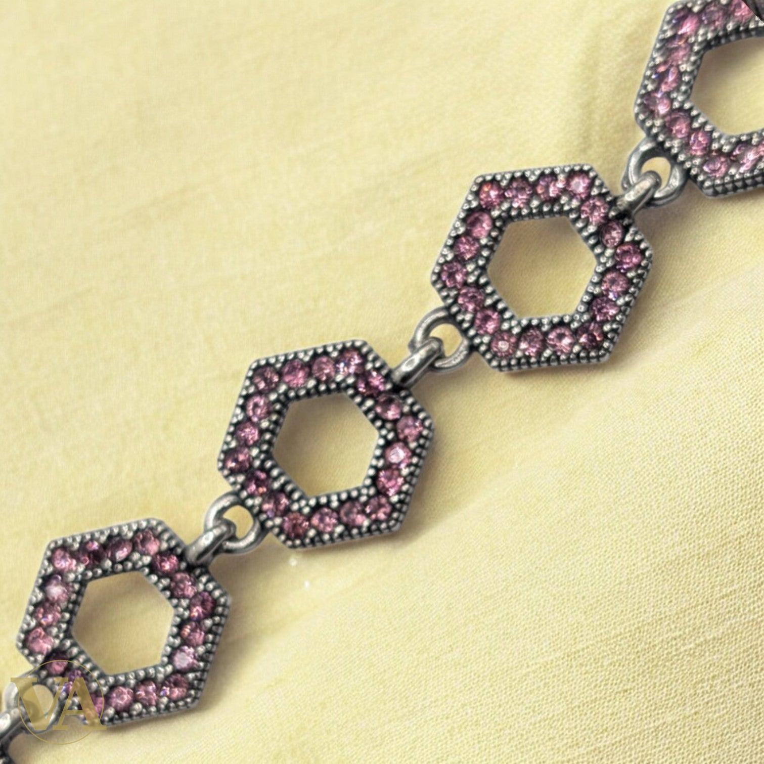 Bracelet Femme Argent 925 Hexagones Oxydes Roses