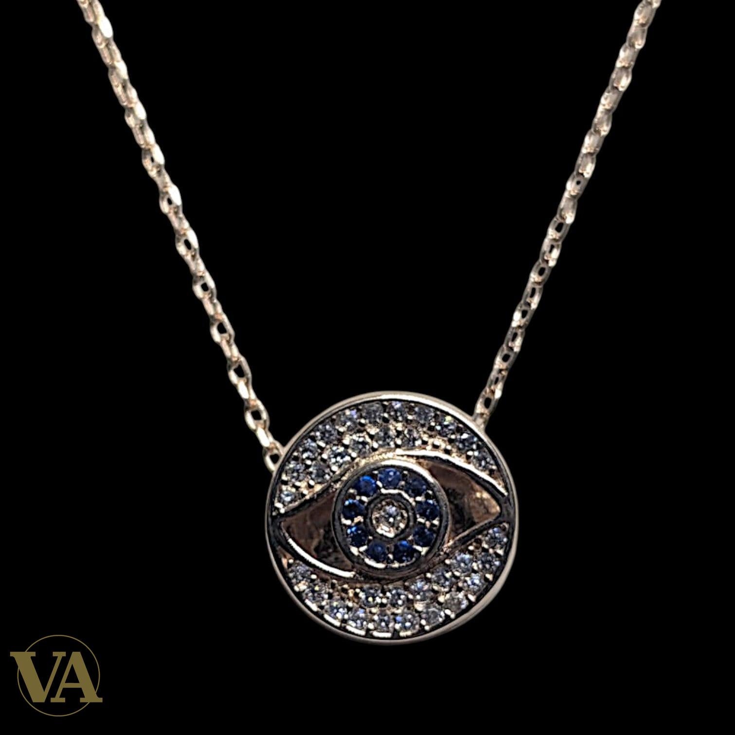 Collier Femme Œil de Protection Argent 925 Plaqué Or Rose — Pavé Zircons Saphir & Blancs