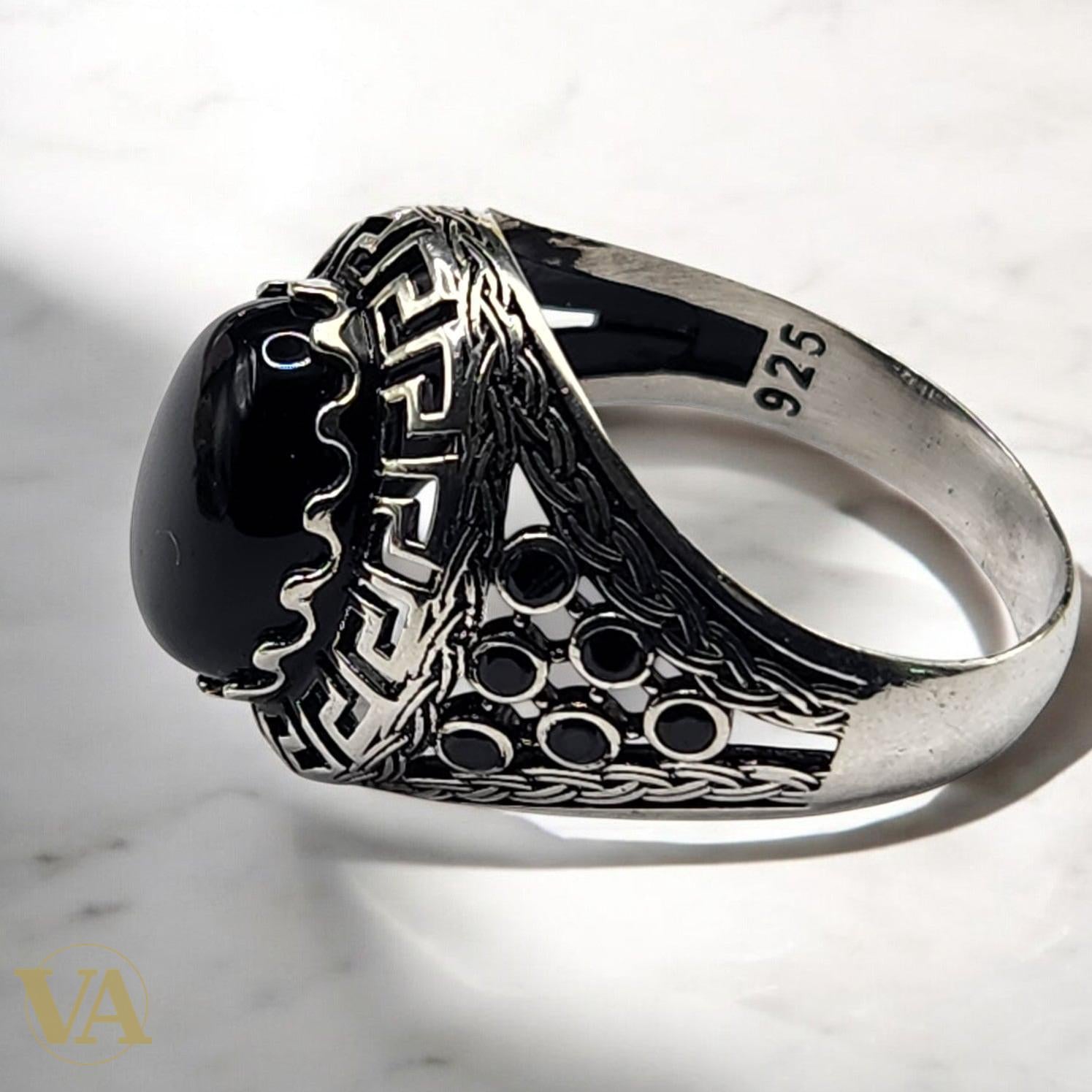 Bague Homme Argent 925 – Onyx noir cabochon & arabesques