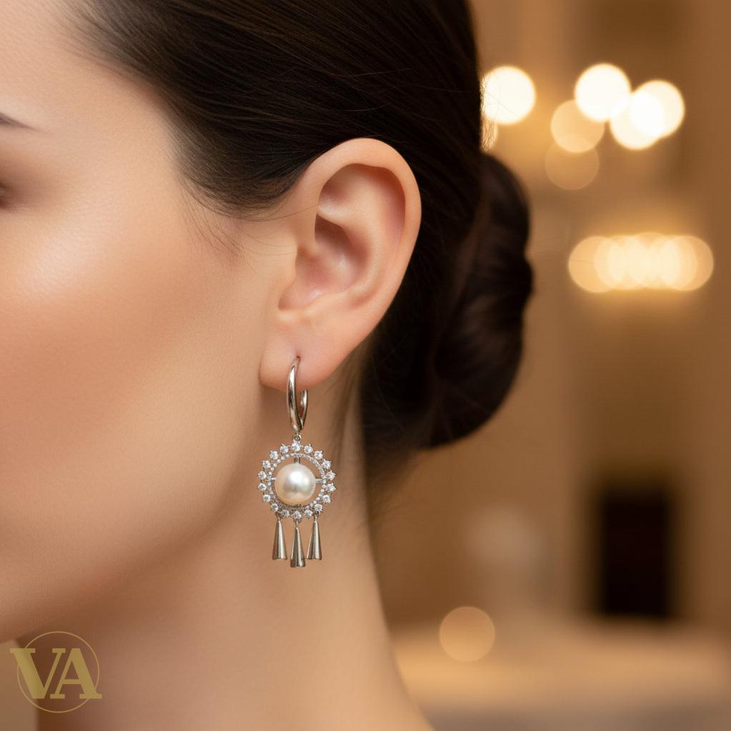 Boucles d’oreilles femme en argent 925, perles & oxydes de zirconium – Motif floral