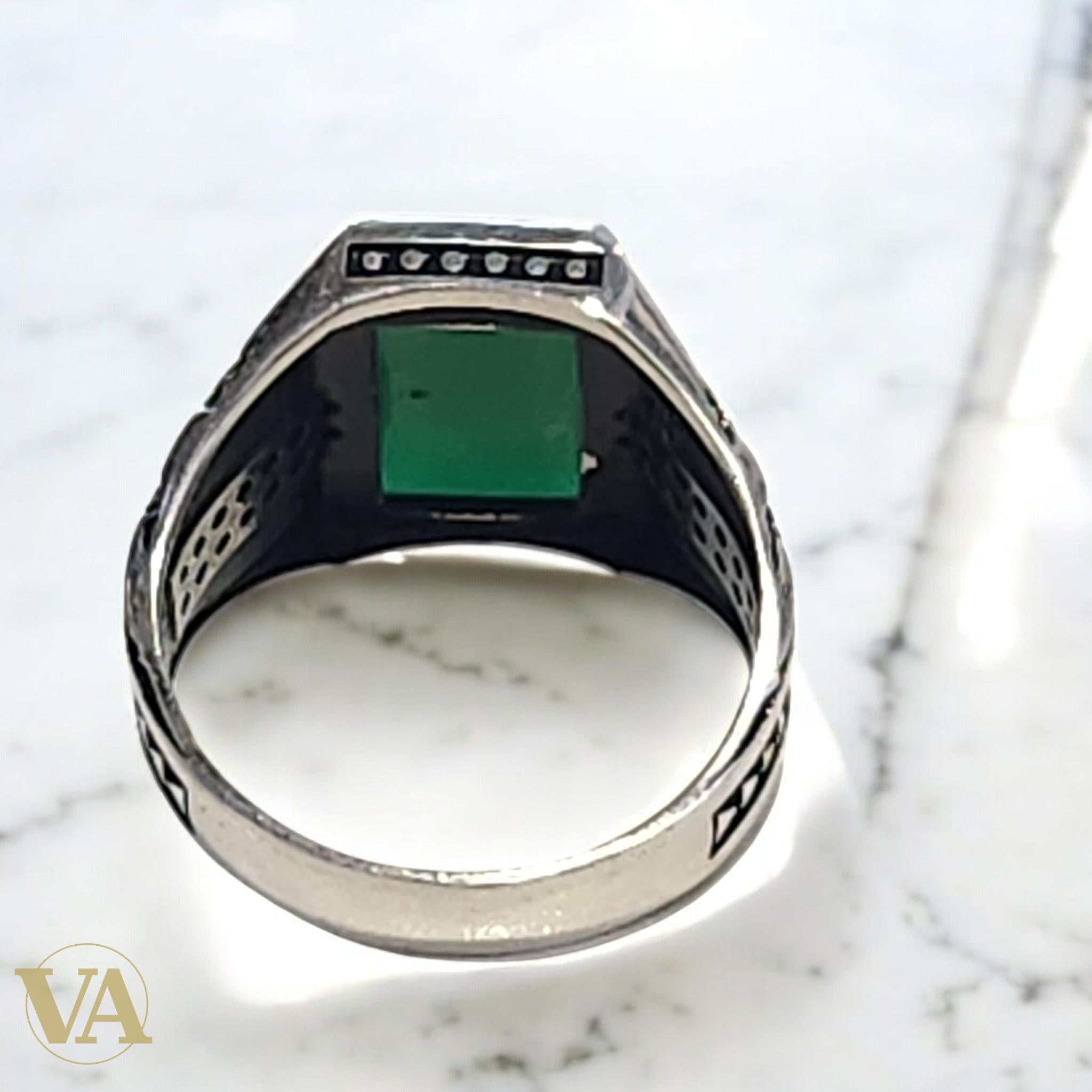 Bague homme argent 925 et calcédoine verte facettée
