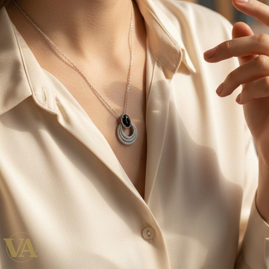 Collier Femme Onyx Argent 925 — Pendentif Cercles Pavé Zircons Art Déco | Bijoux Vindicta