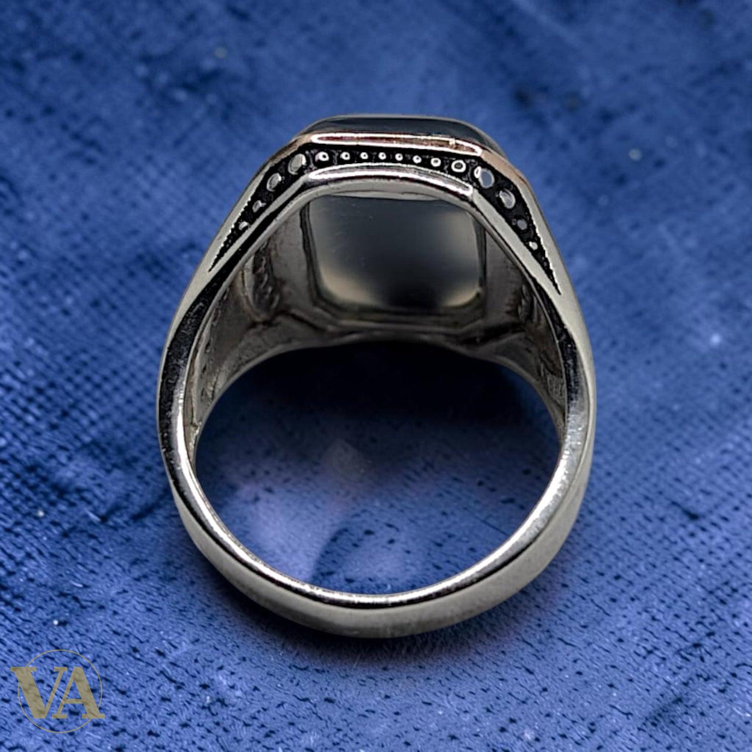 Chevalière Homme Argent 925 & Agate Dendrite – Calligraphie Orientale & Zircons | Bijoux Vindicta