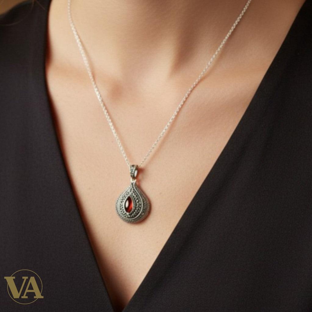 Collier Cornaline Marcassite Argent 925 - Pendentif Art Déco Vintage