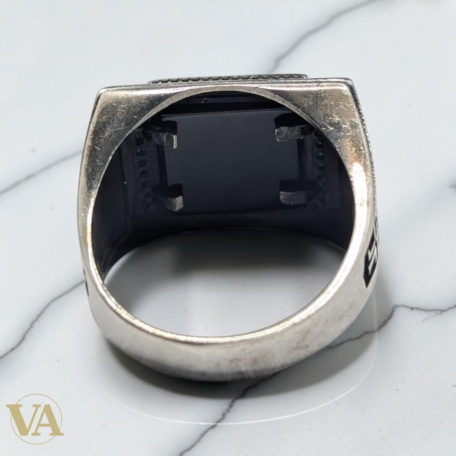 Chevalière Homme Argent 925 Onyx Noir Aigle Motifs Grecs-Vindicta : Bijoux Argent 925 Massif, Luxe et Héritage