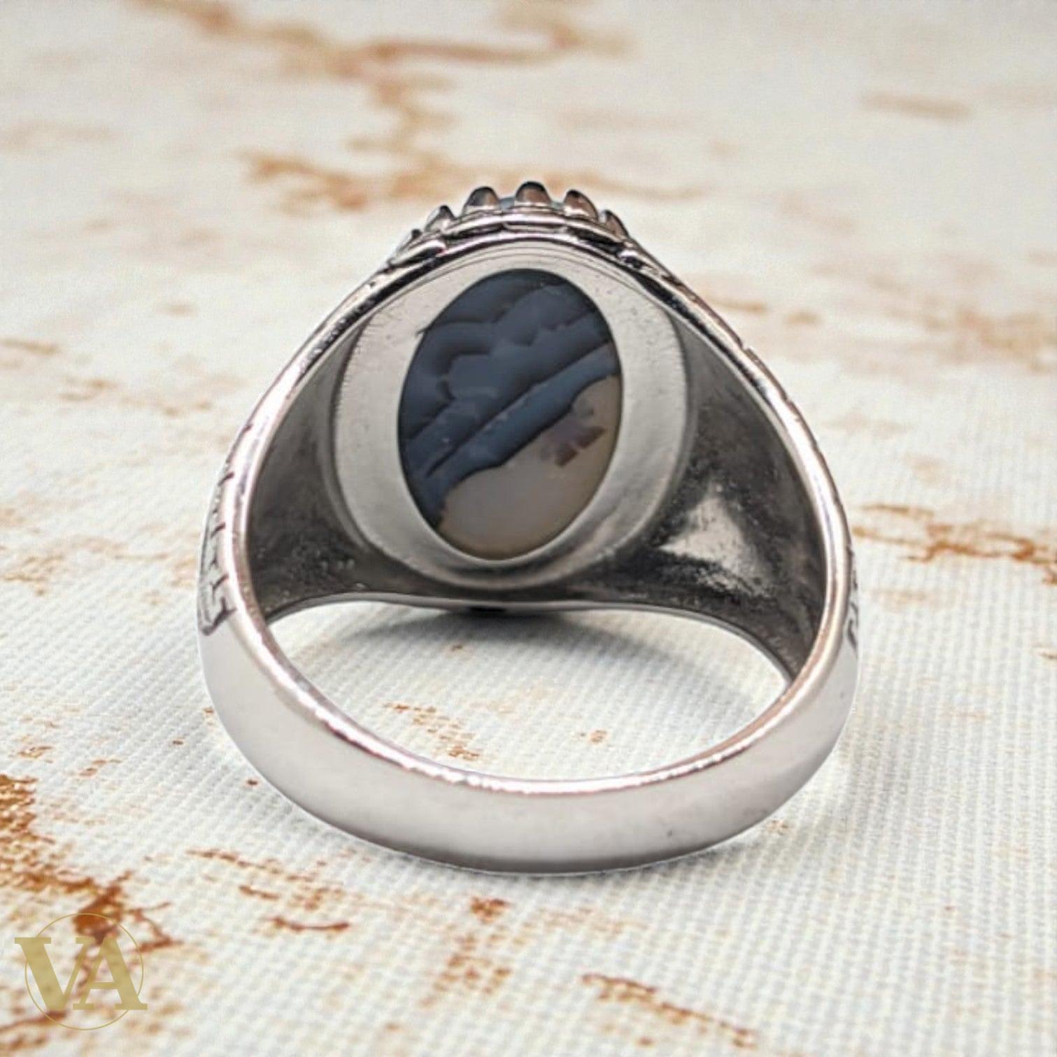 Bague homme argent 925 – Agate Dendritique & Ciselure Ottomane | Bijoux Vindicta